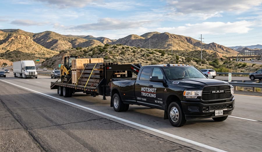 Hotshot truck and gooseneck trailer on the highway