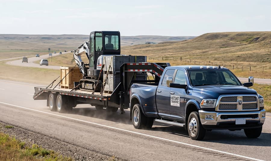 Hotshot truck and trailer on the road